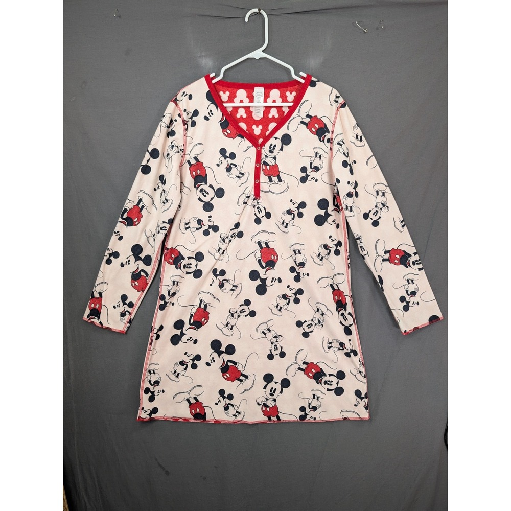 Disney Mickey Mouse Fleece Nightgown L 12/14 Pink Red Long Sleeve Sleepwear